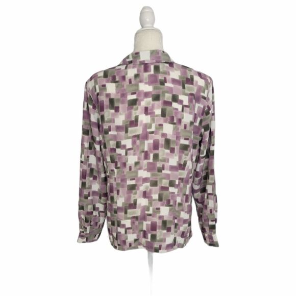 VINTAGE 90s blouse purple geometric print button up padded shoulder‎ top L - Picture 3 of 7